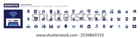 Domotic icon collection. Bold style. Duotone colors. lightbulb, smart home, remote control, washing machine, heater, air conditioner, gate, vacuum cleaner.
