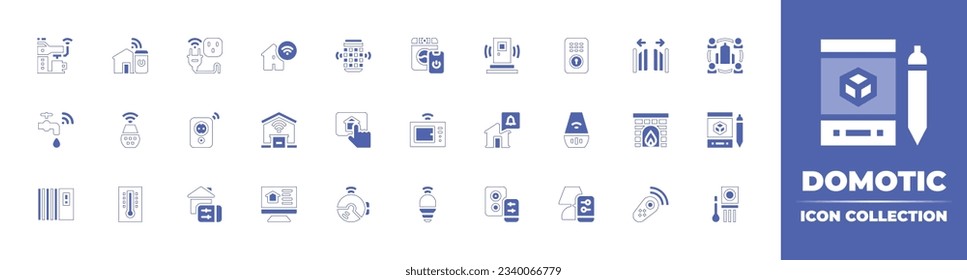 Domotische Symbolsammlung. Duotone Stil Linie Strich und fett. Vektorgrafik. Mit Kaffeemaschine, Smart House, Sockel, Smart Home, Voice Assistant, Waschmaschine, Tür und mehr.