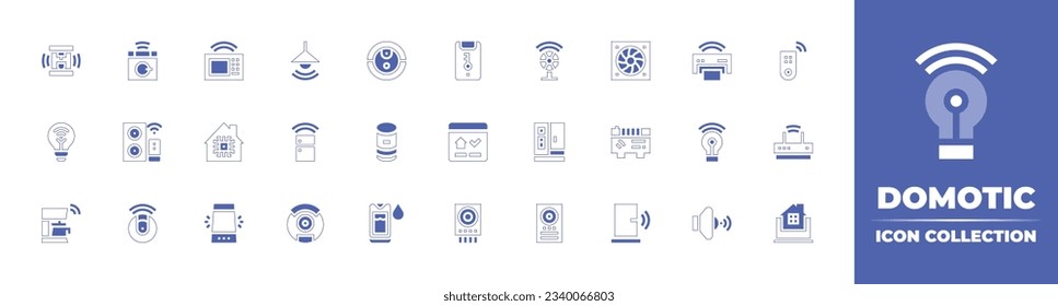 Domotic icon collection. Duotone style line stroke and bold. Vector illustration. Containing coffee maker, washing machine, microwave oven, lamp, robot vacuum cleaner, security, fan, and more.