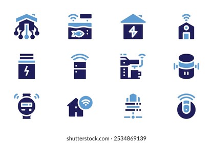 Domotic icon set. Bold style. Duotone colors. domotics, fish tank, energy, battery, fridge, coffee machine, smart home, servers.