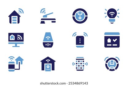 Domotic icon set. Bold style. Duotone colors. garage, faucet, robot vacuum cleaner, domotics, voice assistant, smart speaker, phone, smart house.