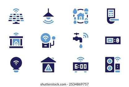 Domotic icon set. Bold style. Duotone colors. solar panel, lamp, domotics, fireplace, alarm, water tap, light bulb, home, alarm clock.