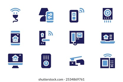 Domotic icon set. Bold style. Duotone colors. plug, lamp, switch, gas detector, smart home, lock, video, laptop, smart lock, faucet, microwave.