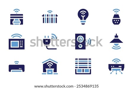 Domotic icon set. Bold style. Duotone colors. garage, heater, smart light, microwave oven, socket, speaker, air conditioner, shade.