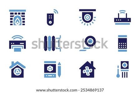 Domotic icon set. Bold style. Duotone colors. alarm, gas detector, ventilation, fireplace, remote control, printer, radiator, smart house.