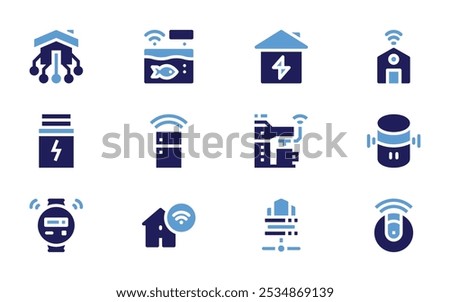 Domotic icon set. Bold style. Duotone colors. domotics, fish tank, energy, battery, fridge, coffee machine, smart home, servers.