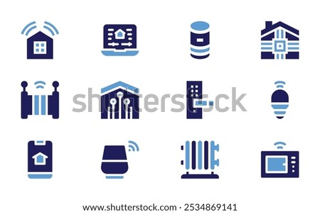 Domotic icon set. Bold style. Duotone colors. domotics, voice assistant, gate, smartphone, door lock, smart speaker, electric heater.