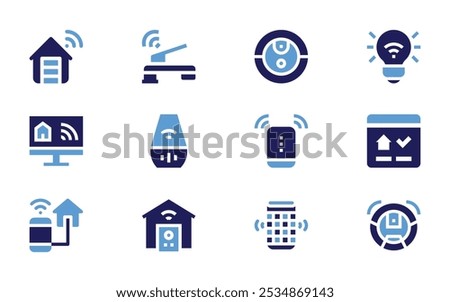 Domotic icon set. Bold style. Duotone colors. garage, faucet, robot vacuum cleaner, domotics, voice assistant, smart speaker, phone, smart house.