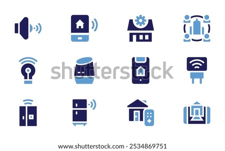 Domotic icon set. Bold style. Duotone colors. house control, domotics, smart home, speaker, dashboard, light bulb, home assistant, fridge, refrigerator.