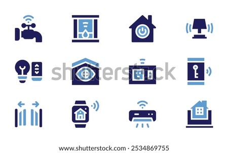 Domotic icon set. Bold style. Duotone colors. stand by, power socket, air conditioner, faucet, fireplace, smart light, smartphone, gate, smartwatch.