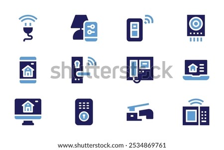 Domotic icon set. Bold style. Duotone colors. plug, lamp, switch, gas detector, smart home, lock, video, laptop, smart lock, faucet, microwave.