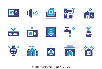 Domotic icon set. Duotone color. Vector illustration. Containing video, speaker, home, coffee machine, smart house, clock, power socket, fireplace, water tap, voice assistant, domotics, socket.