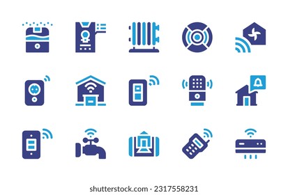 Domotic icon set. Duotone color. Vector illustration. Containing humidifier, lights, electric heater, motion detector, air conditioning, socket, garage, switch, voice assistant, notification, faucet.