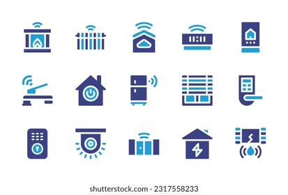 Domotic icon set. Duotone color. Vector illustration. Containing fireplace, heater, smarthome, alarm clock, smart home, faucet, stand by, refrigerator, shade, electronic, smart lock, alarm, door.