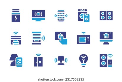 Conjunto de iconos de dominio. Color de duotona. Ilustración vectorial. Con batería, pc, asistente de voz, lavadora, audiosistema, garaje, ventana, smarthome, microondas, hogar inteligente, lámpara, frigorífico, luz inteligente