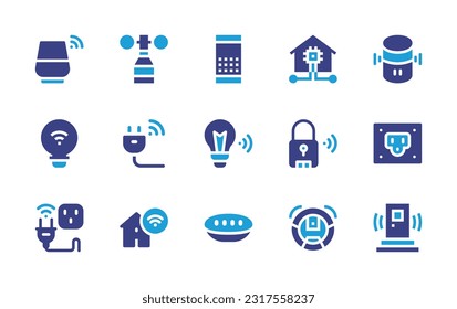 Domotic icon set. Duotone color. Vector illustration. Containing smart speaker, wind sensor, voice assistant, smart home, light bulb, socket, smart light, smart lock, plug, robot vacuum, door.