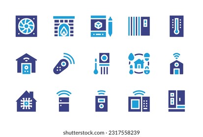 Domotic icon set. Duotone color. Vector illustration. Containing fan, fireplace, smart house, heater, thermometer, control, infrared, domotics, house, smart home, fridge, remote, microwave.