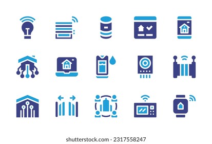 Domotic icon set. Duotone color. Vector illustration. Containing lightbulb, blind, voice assistant, dashboard, smart home, domotics, humidity control, gas detector, gate, smartphone, network.