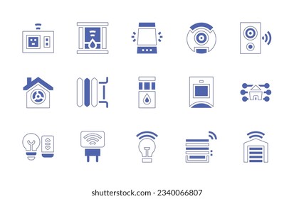 Domotic icon set. Duotone style line stroke and bold. Vector illustration. Containing power socket, fireplace, voice assistant, vacuum cleaner, speaker, ventilation, radiator, humidity sensor, motion.