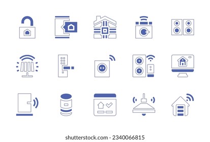 Domotic icon set. Duotone style line stroke and bold. Vector illustration. Containing unlock, smartphone, smarthome, washing machine, audiosystem, lamp, door lock, socket, smart speaker, smart home.