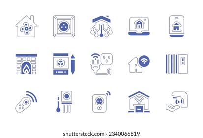 Domotic icon set. Duotone style line stroke and bold. Vector illustration. Containing ventilation, socket, domotics, smart home, smartphone, fireplace, smart house, heater, control, infrared, garage.