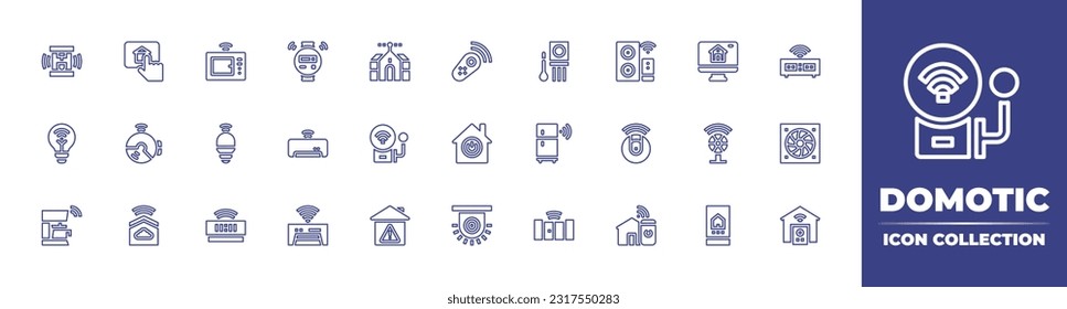 Domotic line icon collection. Editable stroke. Vector illustration. Containing coffee maker, smarthome, microwave, domotics, control, infrared, smart speaker, smart home, clock, smart light, fire.