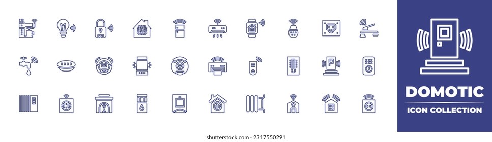 Domotic Line-Icon-Sammlung. Bearbeitbarer Strich. Vektorgrafik. Kaffeemaschine, intelligentes Licht, intelligentes Schloss, intelligentes Zuhause, Kühlschrank, Klimaanlage, intelligente Uhr, Sprachassistent, Stecker, Wasserhahn.
