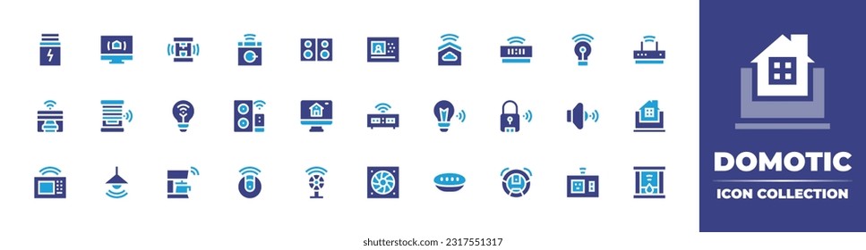 Domotic line icon collection. Editable stroke. Vector illustration. Containing battery, pc, coffee maker, washing machine, audiosystem, video, smarthome, alarm clock, light bulb, wifi, garage, window.