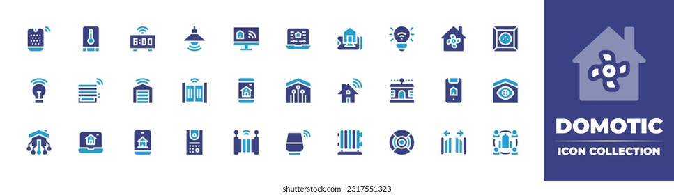Domotic line icon collection. Editable stroke. Vector illustration. Containing smart speaker, temperature sensor, alarm clock, lamp, domotics, smart home, smart energy, ventilation, socket, lightbulb.