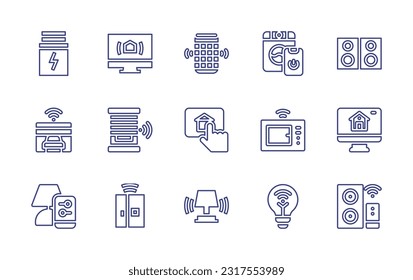 Domotic line icon set. Editable stroke. Vector illustration. Containing battery, pc, voice assistant, washing machine, audiosystem, garage, window, smarthome, microwave, smart home, lamp, fridge.