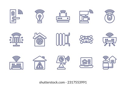 Domotic Line Icon Set. Bearbeitbarer Strich. Vektorgrafik. Mit Schloss, Glühbirne, WiFi, Kaffeemaschine, Roboter Staubsauger, Lampe, Lüftung, Heizer, Hausautomation, Klimaanlage, zu Hause.