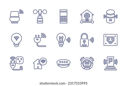 Conjunto de iconos de la línea domótica. Trazo editable. Ilustración vectorial. Consta de altavoz inteligente, sensor de viento, asistente de voz, hogar inteligente, bombilla, enchufe, luz inteligente, cerradura inteligente, enchufe, vacío robot, puerta.