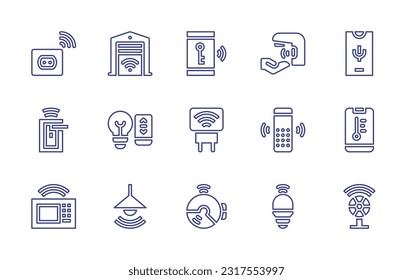 Conjunto de iconos de la línea domótica. Trazo editable. Ilustración vectorial. Conteniendo un enchufe inteligente, garaje inteligente, llave inteligente, grifo de agua, asistente de voz, bloqueo, luz inteligente, temperatura, horno microondas, lámpara, fuego.