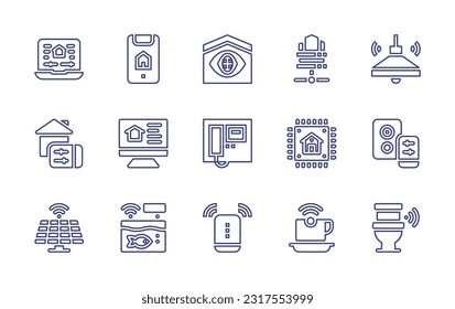 Domotic line icon set. Editable stroke. Vector illustration. Containing domotics, smartphone, servers, ceiling lamp, smart home, video, chip, speaker, solar panel, fish tank, smart speaker, wifi.