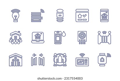 Domotic line icon set. Editable stroke. Vector illustration. Containing lightbulb, blind, voice assistant, dashboard, smart home, domotics, humidity control, gas detector, gate, smartphone, network.