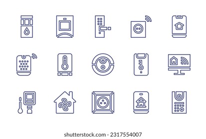 Domotic line icon set. Editable stroke. Vector illustration. Containing humidity sensor, motion detector, door lock, socket, smartphone, smart speaker, temperature sensor, robot vacuum cleaner.