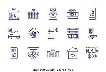 Conjunto de iconos de la línea domótica. Trazo editable. Ilustración vectorial. Con chimenea, calentador, smarthome, despertador, casa inteligente, grifo, soporte, frigorífico, sombra, electrónica, cerradura inteligente, alarma.