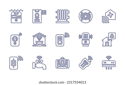 Conjunto de iconos de la línea domótica. Trazo editable. Ilustración vectorial. Con humidificador, luces, calentador eléctrico, detector de movimiento, aire acondicionado, enchufe, garaje, interruptor, asistente de voz, notificación.