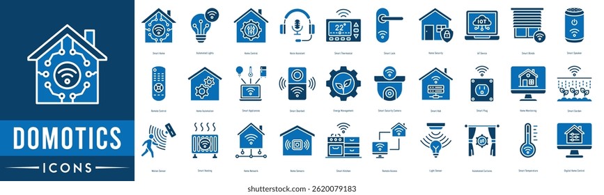 Domotics icon set. Smart Home, Automated Lights, Home Control, Voice Assistant, Smart Thermostat, Smart Lock and Home Security
