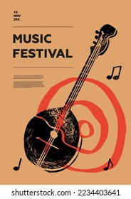 Domra, folk. Music festival poster. String musical instruments. Competition.  A set of vector illustrations. Minimalistic design. Banner, flyer, cover, print.