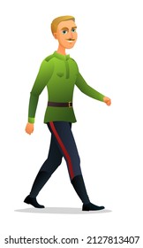 Don Cossack walks past. Side view. Cheerful young Russian guy. Male figure. Russia historical funny person character boy. Cartoon cute style illustration. Isolated on white background. Vector.