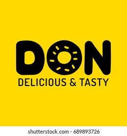 Don. Delicious and tasty. Vector donut icon, logo, badge, mark illustration on yellow background. Business concept for cafe and restaurant.