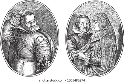 Don Diego from Castile and his wife, Crispijn van de Passe (II), 1641 Two depictions on an album page, Among them two quatrains in Dutch, vintage engraving.