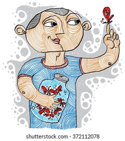 Don Juan metaphor, illustration of lover. Simple hand drawn butterfly collector holding jar with insects.