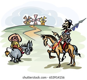 Don Quijote with his servant, Sancho Panza contemplating the windmills