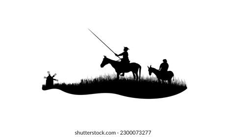 Lucha Don Quijote con molinos de viento, ilustración vectorial de alta calidad