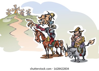 Don Quixote with his faithful servant, Sancho Panza encountering the windmills, freehand drawn cartoon