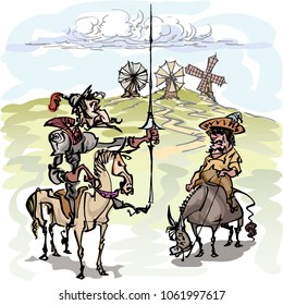 Don Quixote with his servant, Sancho Panza contemplating the windmills
