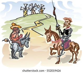 Don Quixote with his servant, Sancho Panza, contemplating the attack
