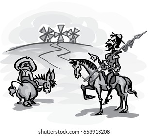 Don Quixote with his servant, Sancho Panza, contemplating the windmills, gray scale artwork